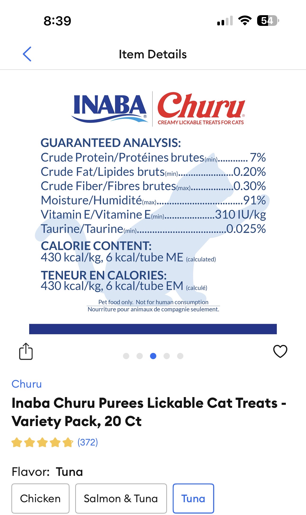 Guaranteed analysis and calorie content for all four recipes