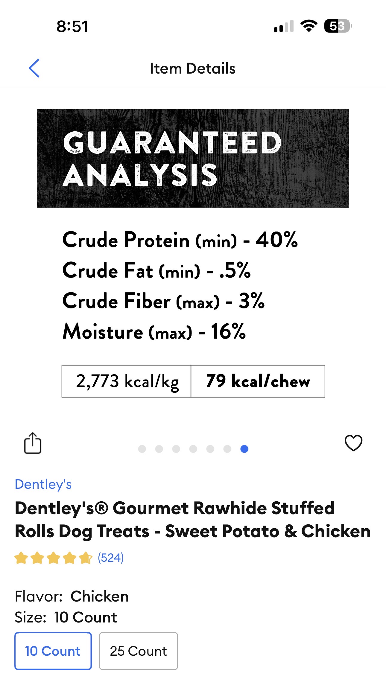 Guaranteed analysis and calorie content for Dentley’s stuffed rawhide rolls