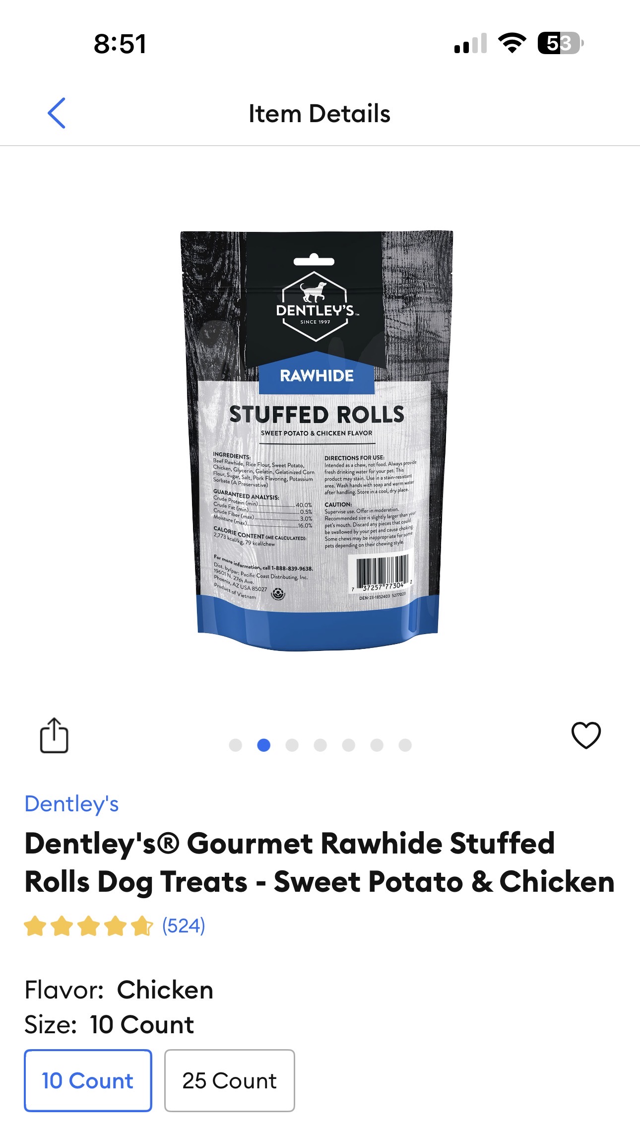 Back label with ingredients, nutrition, and chew cautions