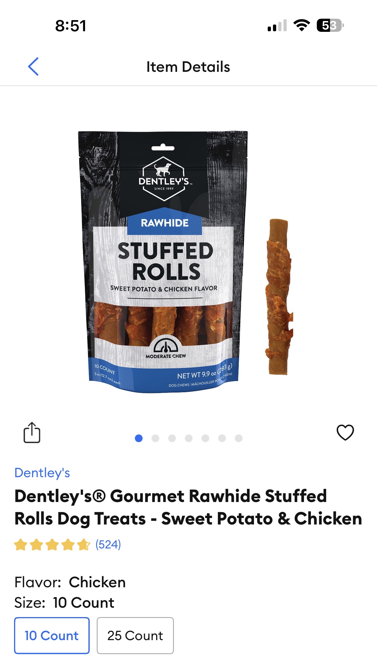 Dentley’s Sweet Potato and Chicken Flavor rawhide stuffed rolls