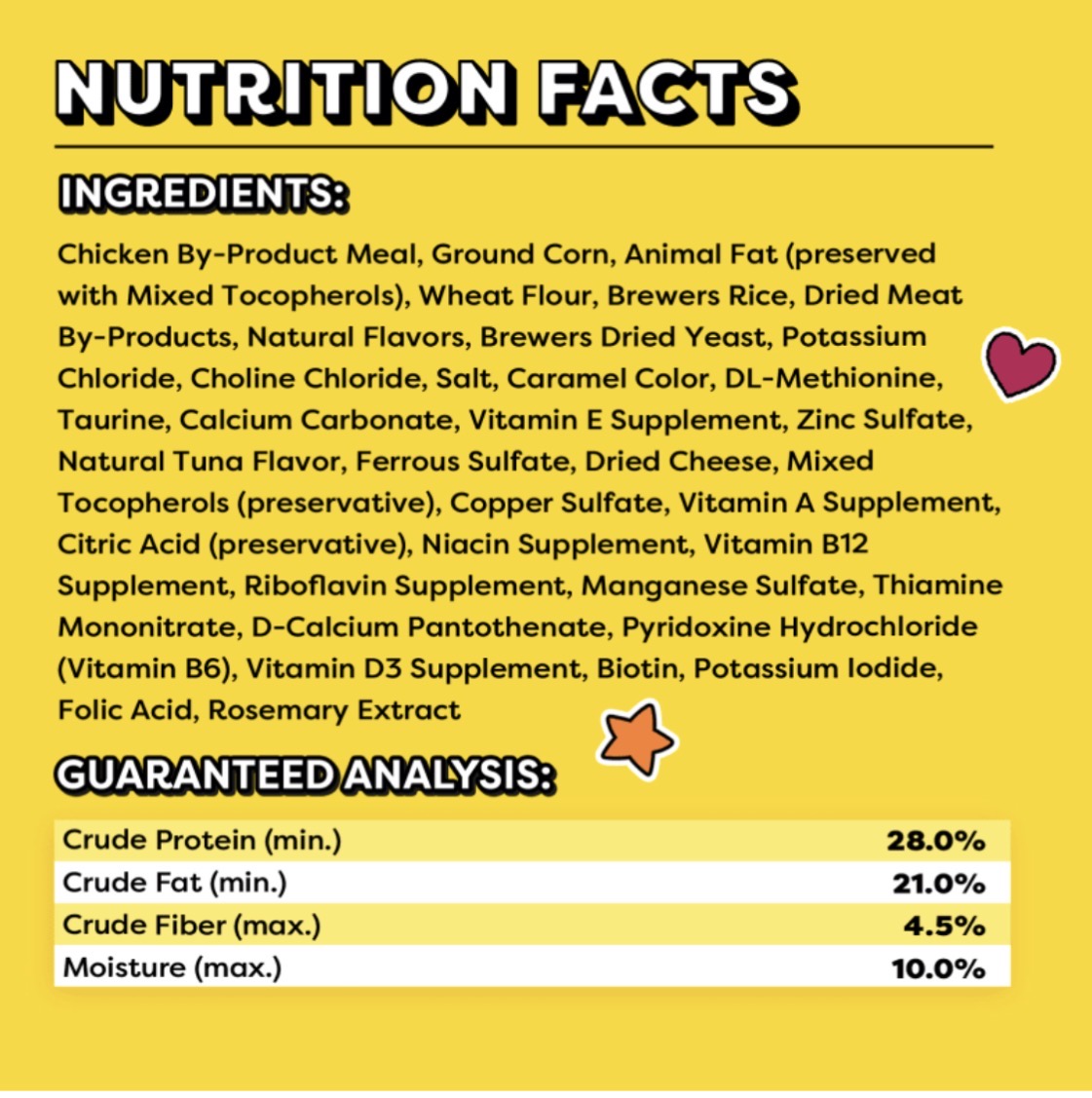 Temptations nutrition facts with ingredients and guaranteed analysis: protein minimum 28%, fat minimum 21%, fiber maximum 4.5%, moisture maximum 10%