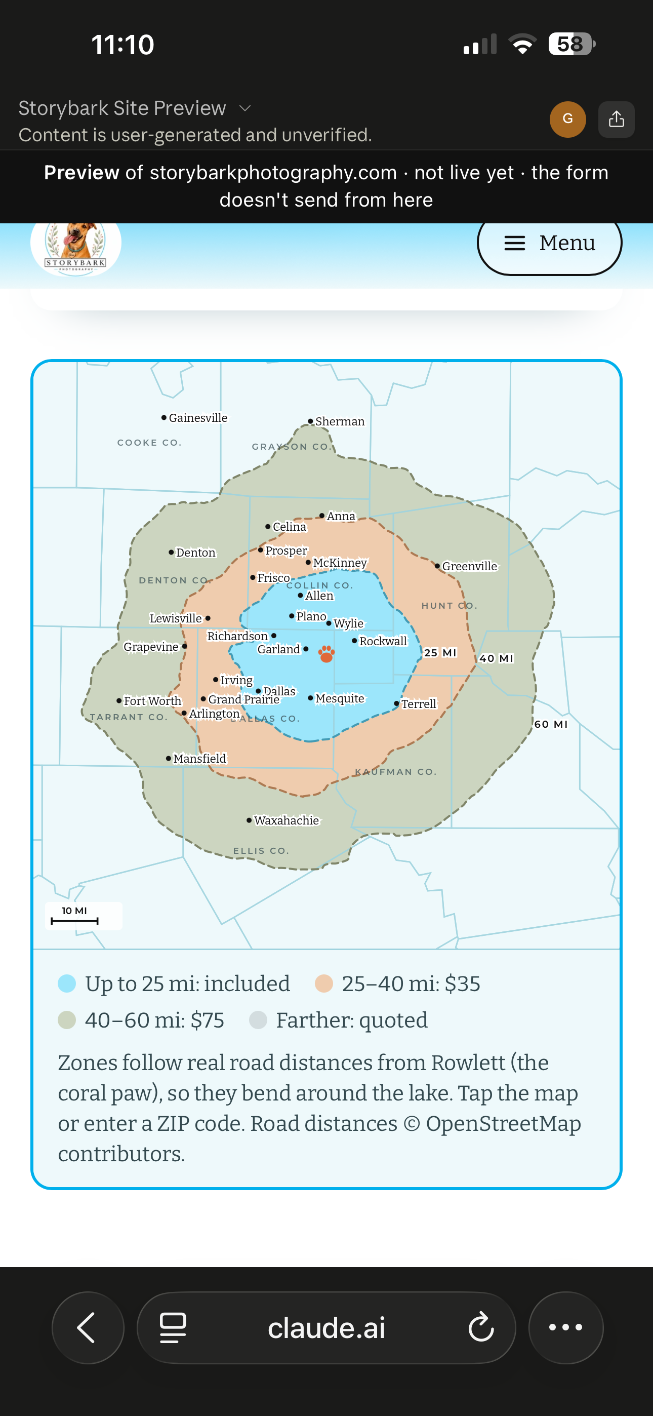 Storybark’s travel map showing Dallas and surrounding cities, with 25, 40, and 60-mile zones from Rowlett.